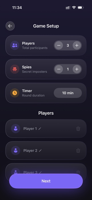 Game setup screen for players, spies, and timer